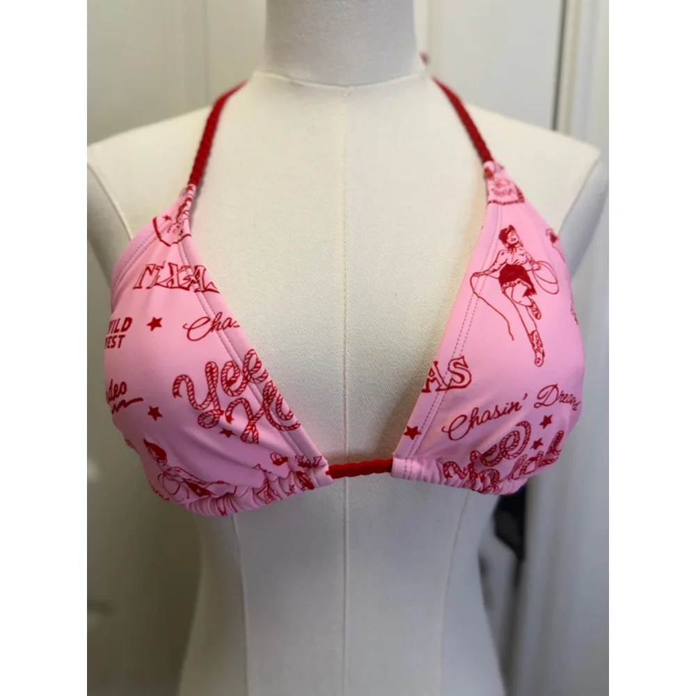NWT Wild Fable Pink Red Cowgirl Print Triangle Bikini Top M Braided Rope Trim - Picture 2 of 7